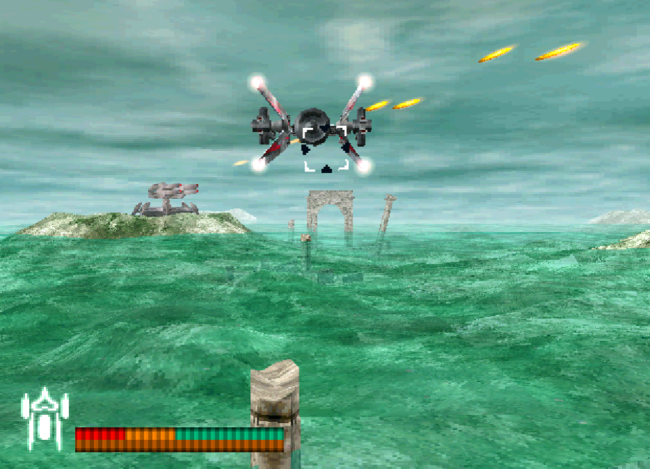 The main ship flies across a water based planet.
