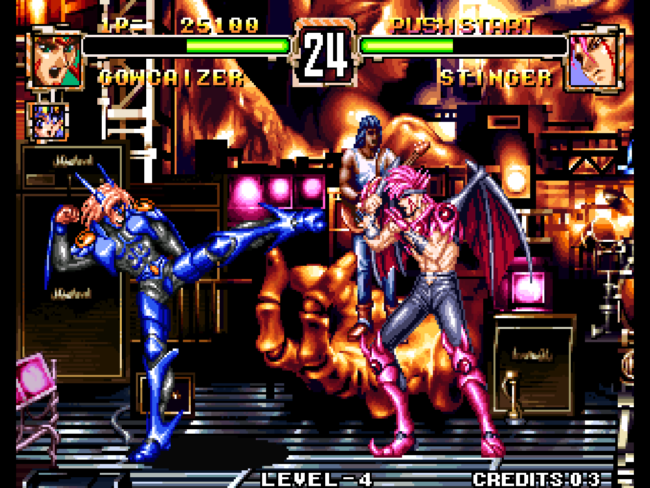 Two characters do battle in a machine themed indoor stage with neon lights.