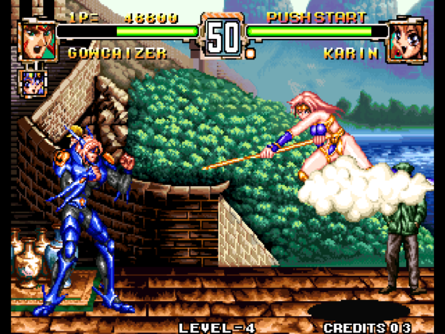 Gowcaizer fights against one of the few female characters in an outdoor stage.