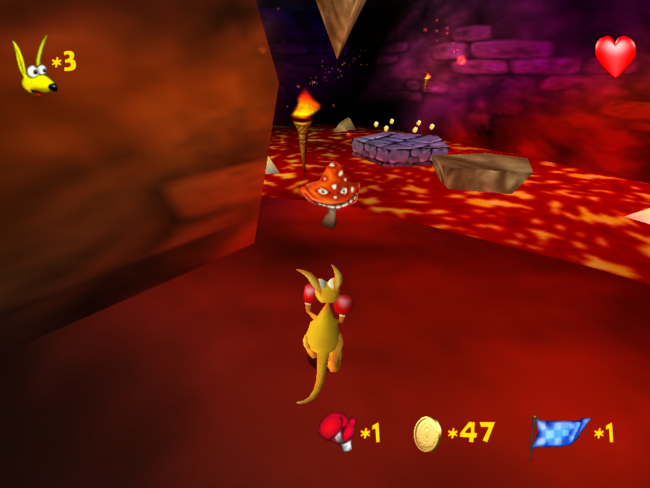 Kao wanders through a fiery cave.