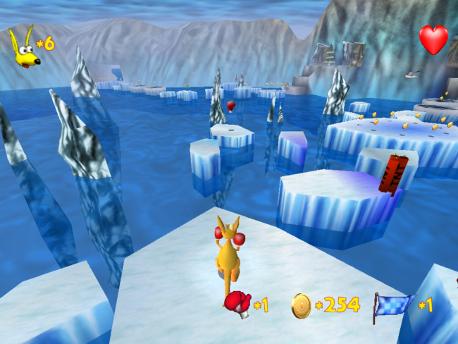 The protagonist kangaroo platforms his away across icebergs.
