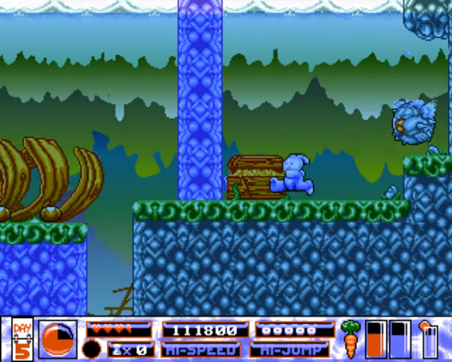 Quik the thunder rabbit runs through an aquatic based stage.