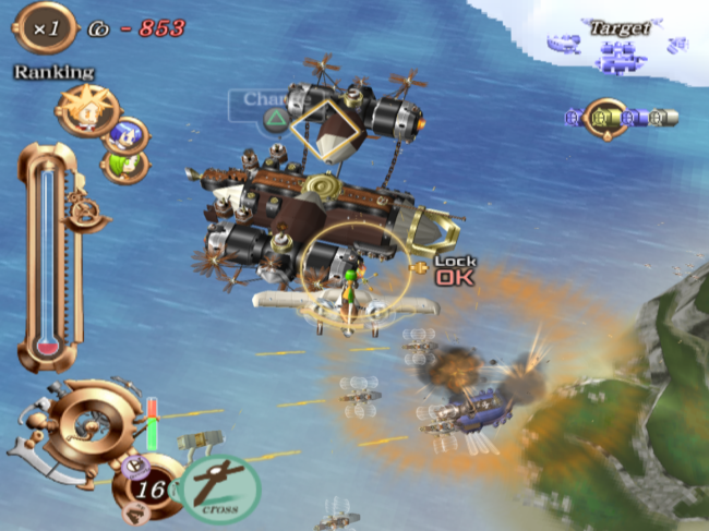 The player approaches a larger ship while targeting it's guns.