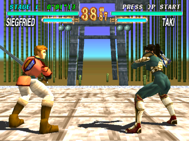Two characters battle with swords in front of a temple.