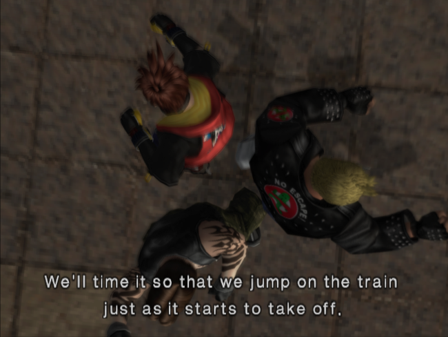 The characters gather together during a cut-scene.