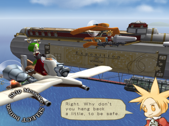 Two of the main characters fly together in a cinematic sequence.