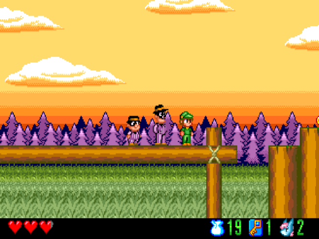 The trio work their way through a forest area atop the trees.