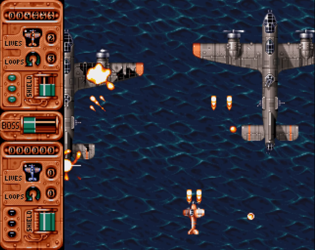 The Banshee ship flies over an ocean while fighting off bombers.