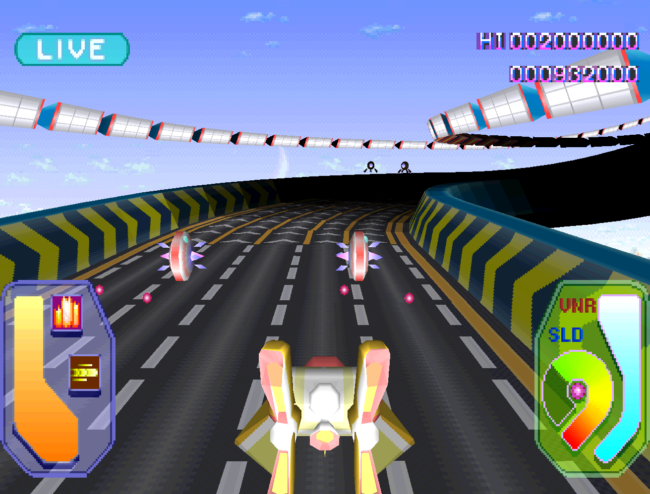 The main character's ship flies through an outdoor scene.