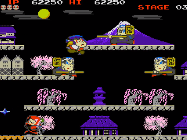 Goemon fights through a multi-tiered stage.
