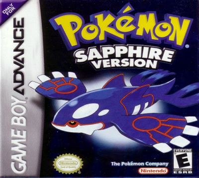 The front cover for Pokemon Sapphire on the Nintendo Game Boy Advance.