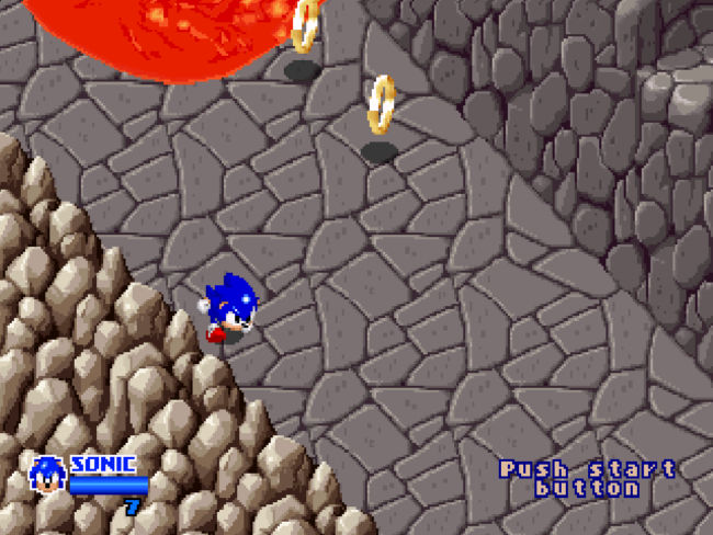 Sonic rushes forward away from incoming hot lava.