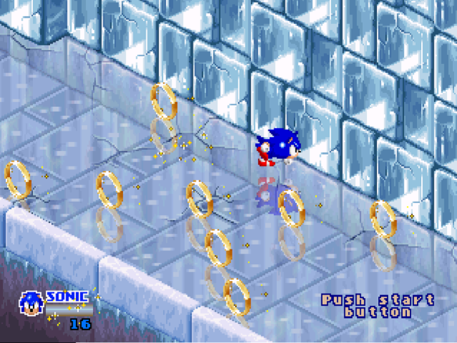 Sonic slips around on the ice in SegaSonic the Hedgehog.