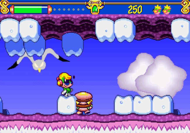The main character Tempo jumps and runs through a level fashioned after a human mouth.