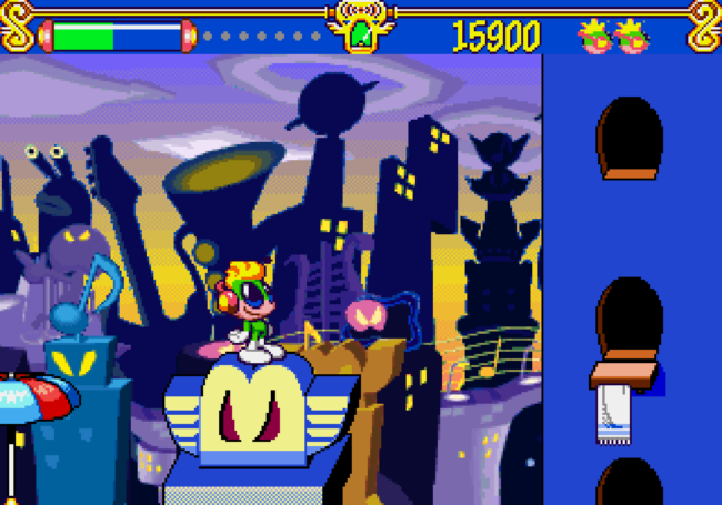 Tempo jumps from rooftop to rooftop in a city scene at night.
