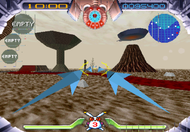 Robbit shoots his double shot in a desert level.