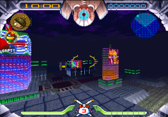 A neon area at night in Jumping Flash.