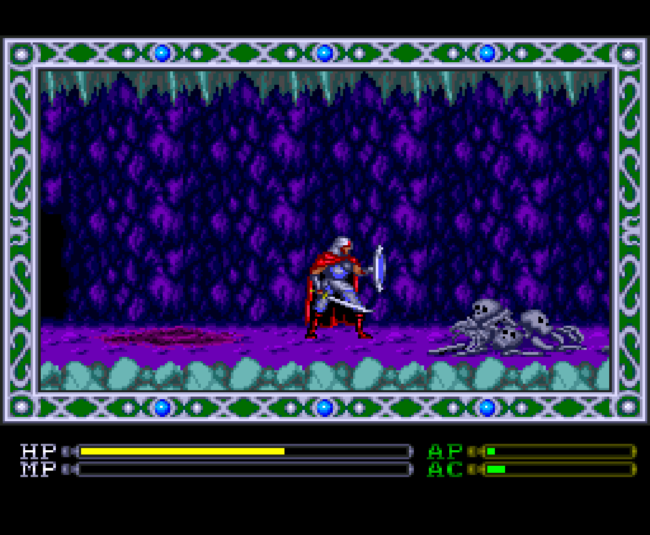 Sadler passes by a skeleton in a cave in an early level in Exile.