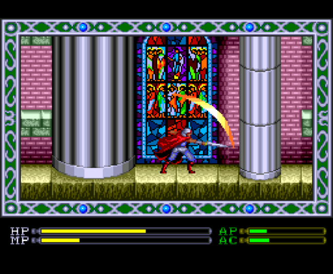 Sadler swipes his sword in front a stained glass window.