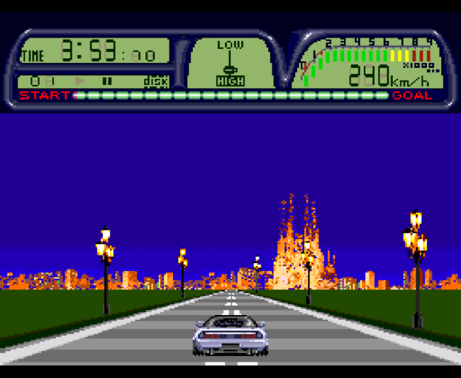 Driving through a night time stage in Road Spirits.