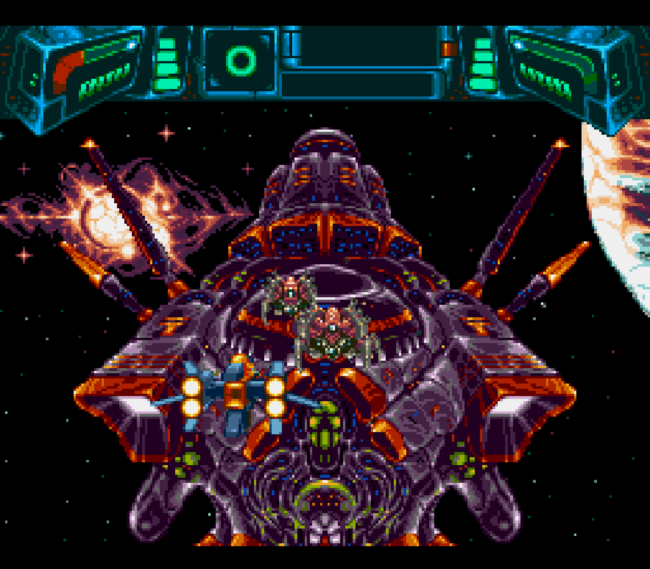 A giant ship approaches the player from the background.