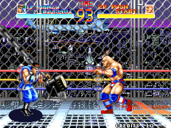 Two characters fight against each other in a cage.