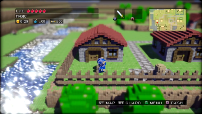 Exploring the town area in 3D Dot Game Heroes.