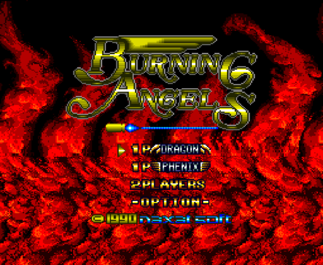 The title screen for Burning Angels on the PC-Engine.