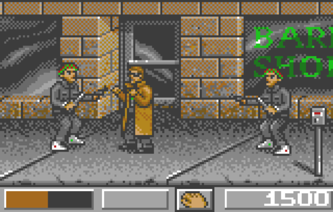 Dirty Larry fights foes with his bare fists on a level in the street.
