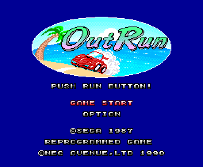 The title screen for the import PC-Engine game Outrun.