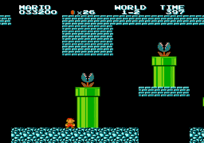 Mario hops through one of the early underground areas in the game.