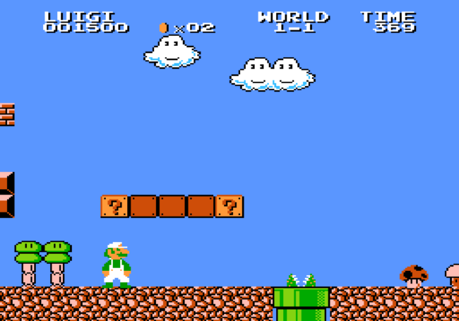 Luigi in an outdoor area with a piranha plant.