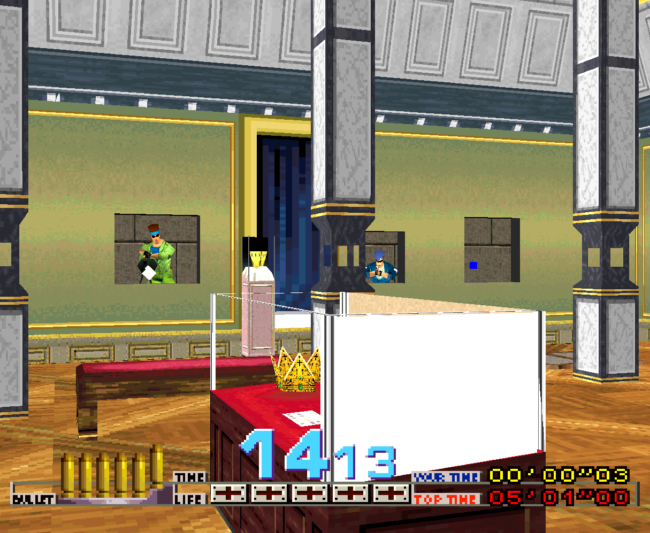 Shooting enemies in an indoor area of Time Crisis.