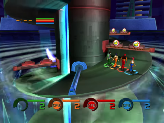 Four characters race along a spiral tower in a mini-game in Fusion Frenzy.