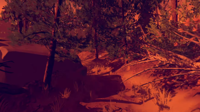 A scene in the woods at sunset in Firewatch.