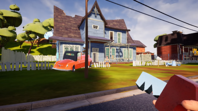 The neighbor character waits for the player in his yard.