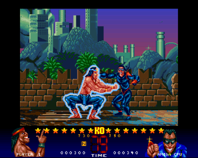 One of the fighters throws out a special move.