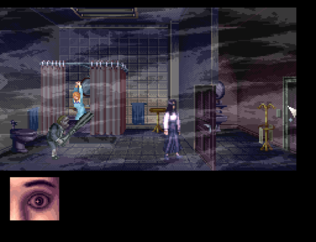 The scissorman chases Jennifer through a bathroom.