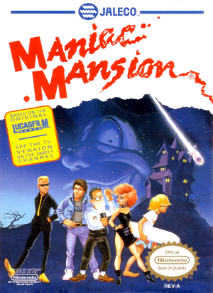 Front cover for Maniac Mansion on the Nintendo Entertainment System.