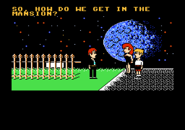 The opening cut-scene in Maniac Mansion.