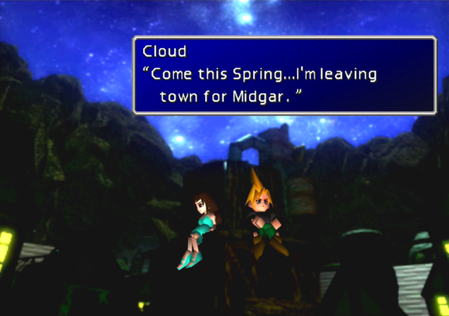 Cloud and Tifa sit on a well in one of the early story sequences.