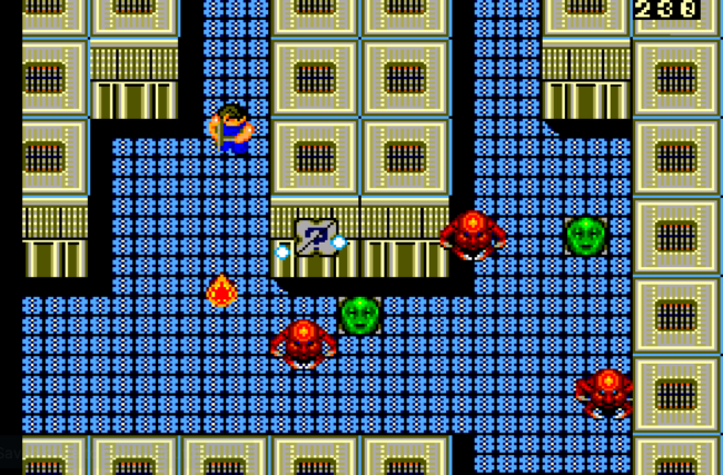 The player fights their way through a stage with a blue floor.