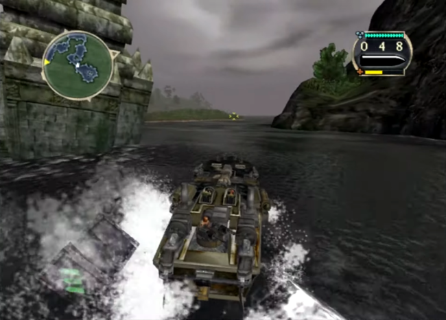 Driving a speed boat on an overcast day in Blood Wake.