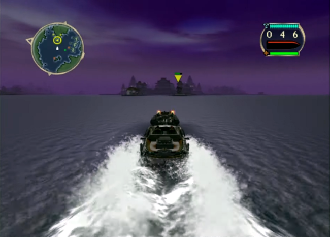 Boosting through the water toward an island.