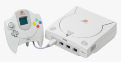 The Sega Dreamcast console with a controller.