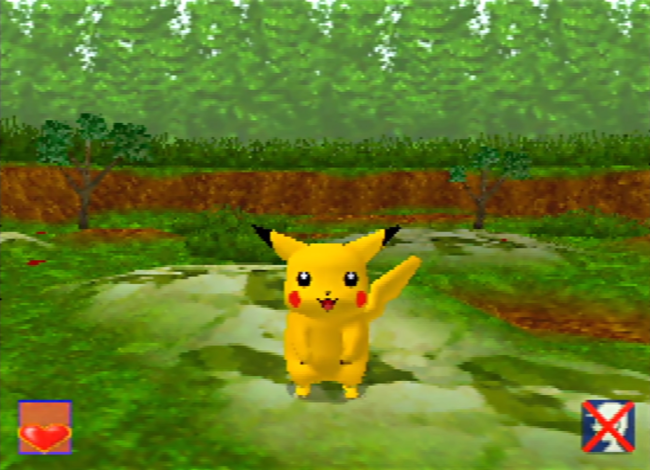 Pikachu stands in a grassy field.