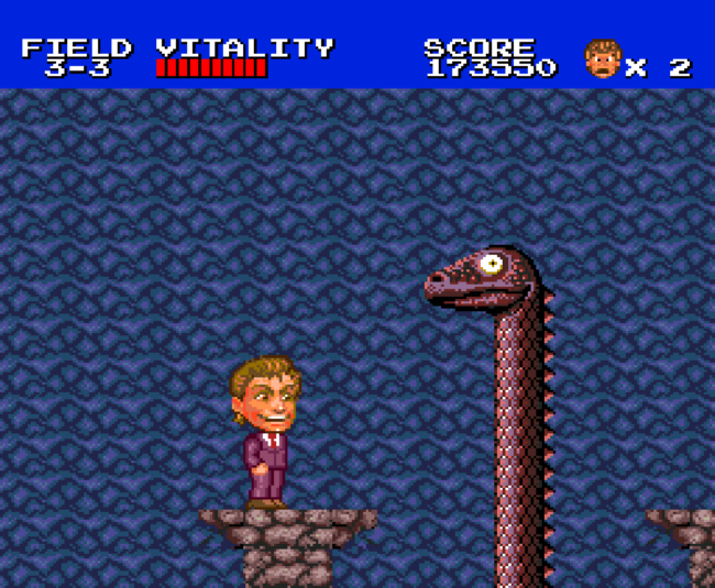 Facing off against a giant snake in an indoor stage.