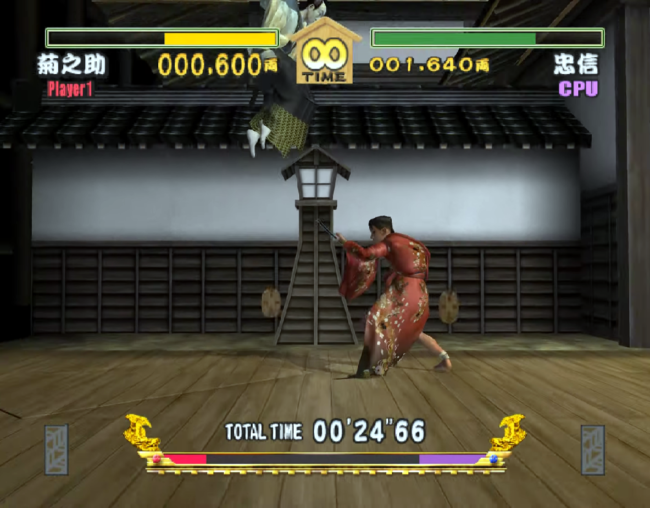 Aerial acrobats during a fight in Kabuki Warriors.