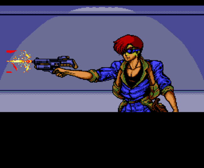 A cinematic sequence in-game depicting the character Leon firing their gun.
