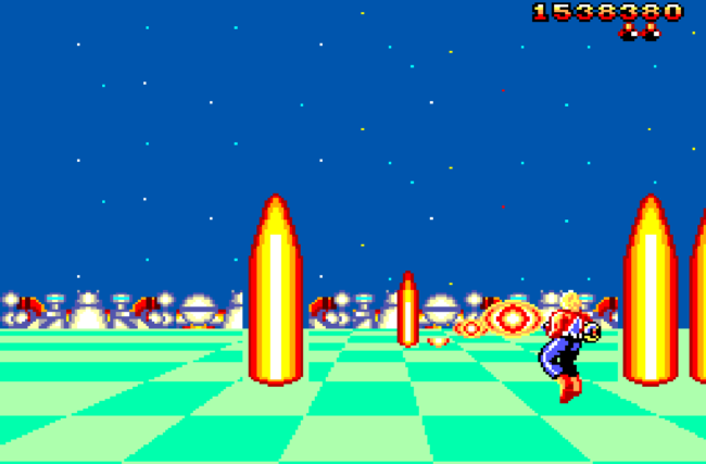 Harrier dodges fire pillars shooting up from the ground.